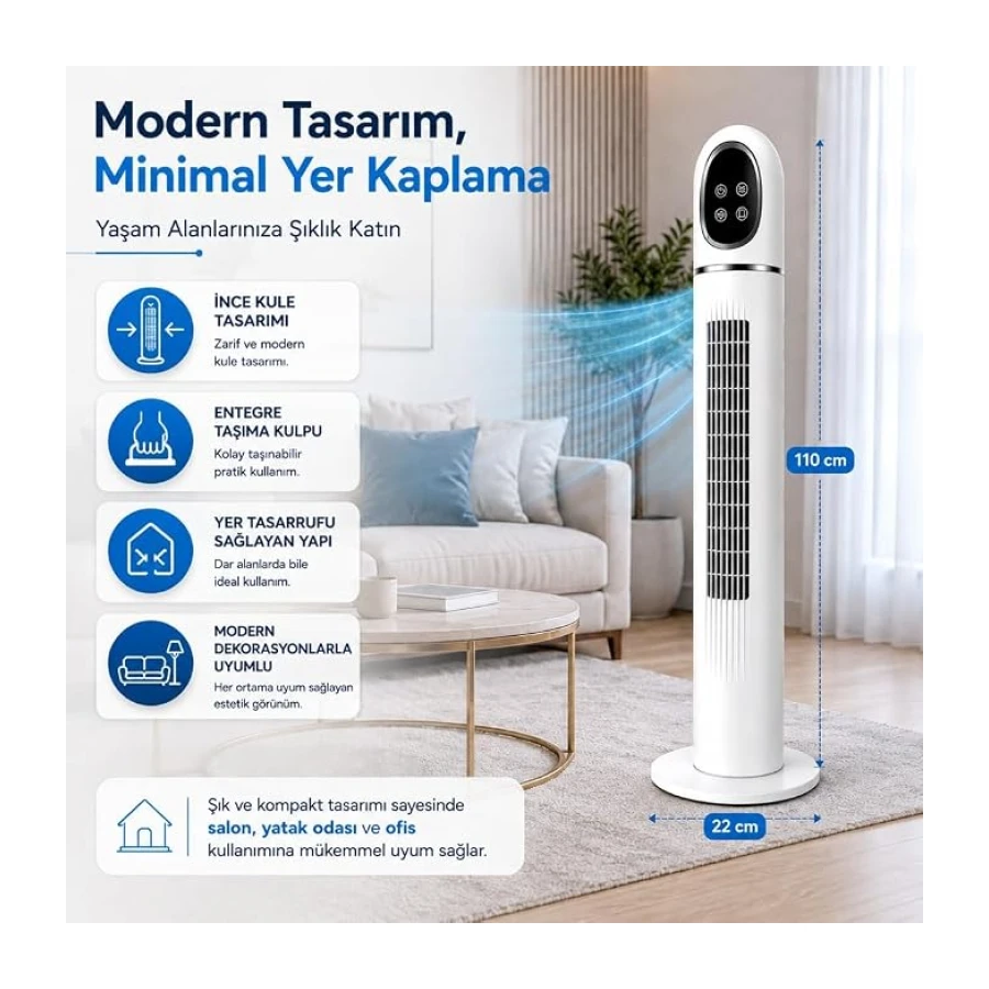Kule Tipi Vantilatör 45 İnç, Uzaktan Kumandalı, 3 Hız Kademeli, 3 Modlu (Normal/Doğal/Uyku), Salınımlı, Dokunmatik Kontrollü, 24 Saat Zamanlayıcılı, Beyaz