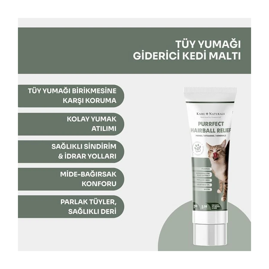 Kahu Naturals Purrfect Hairball Relief, Kediler için Tüy Yumağı Giderici ve Önleyici Doğal Malt, 100 ml