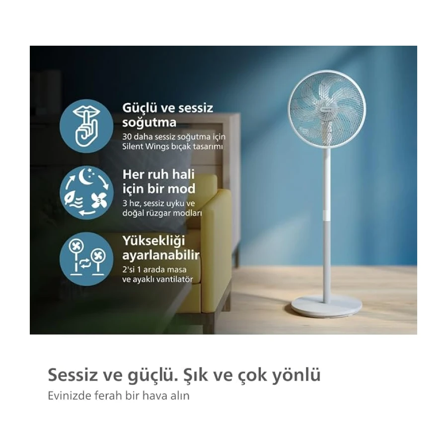 PHILIPS SilentWings teknolojisi ile güçlü ve süper sessiz ayaklı vantilatör. 19 dB. 2'si 1 arada masa ve ayaklı vantilatör. Eğim ve salınım ayarlanabilir. 12 saatlik zamanlayıcı. Beyaz.
