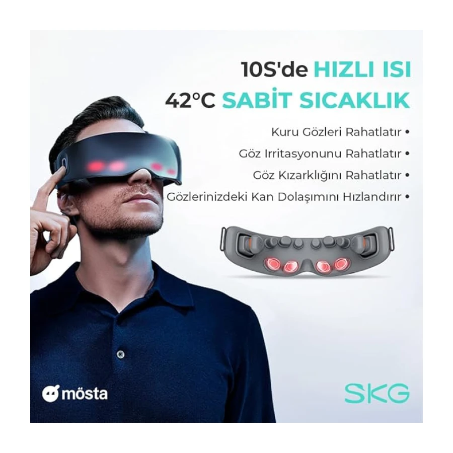 SKG E7 Göz Masaj Aleti, Isıtma ve Titreşim Fonksiyonlu, Şakak ve Göz Çevresi Masajı, Bluetooth Müzik Desteği, Taşınabilir Tasarım, 2.5 Saat Kullanım – Resmi Distribütör Garantili