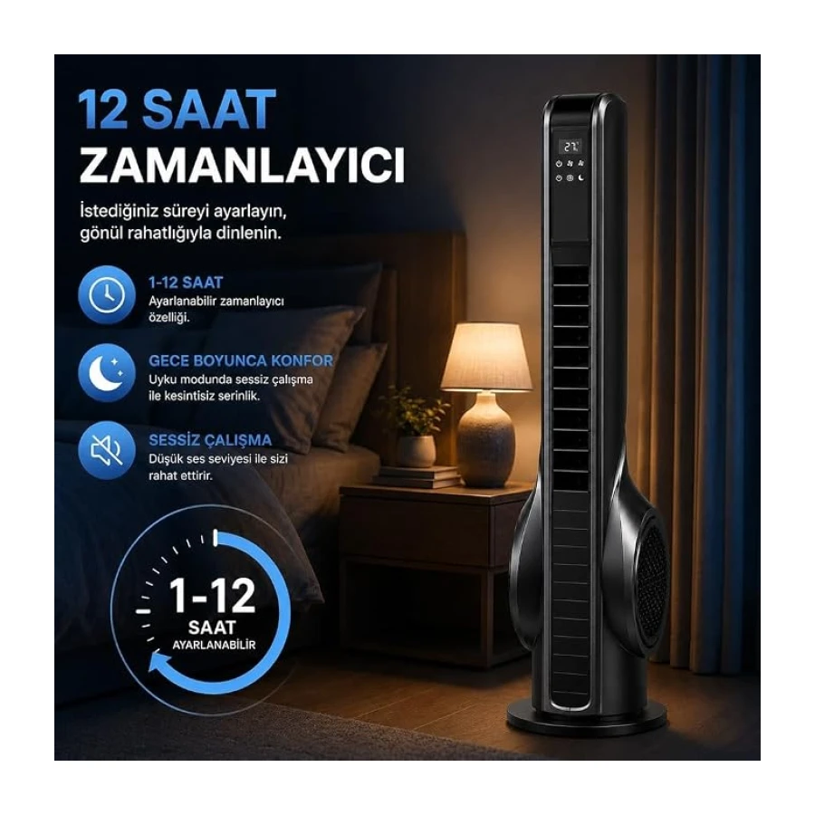 Turbo Akıllı Fan 70W Uzaktan Kumandalı Kule Vantilatör, Aromaterapi Özellikli, Dokunmatik LED Ekranlı, 3 Hız Kademeli, 3 Modlu, 12 Saat Zamanlayıcılı, Sessiz Çalışma, Salınımlı Fan