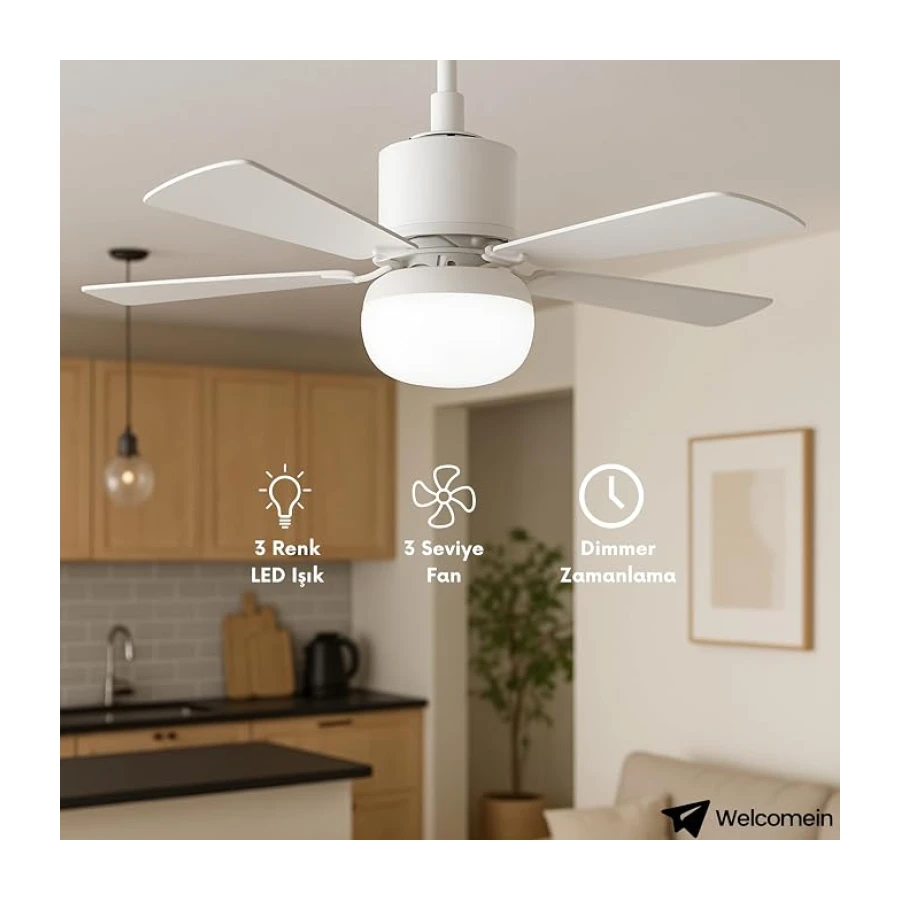 5 Kanatlı LED Işıklı Tavan Vantilatörü – Sessiz Çalışan, Uzaktan Kumandalı, Modern Beyaz Tasarım