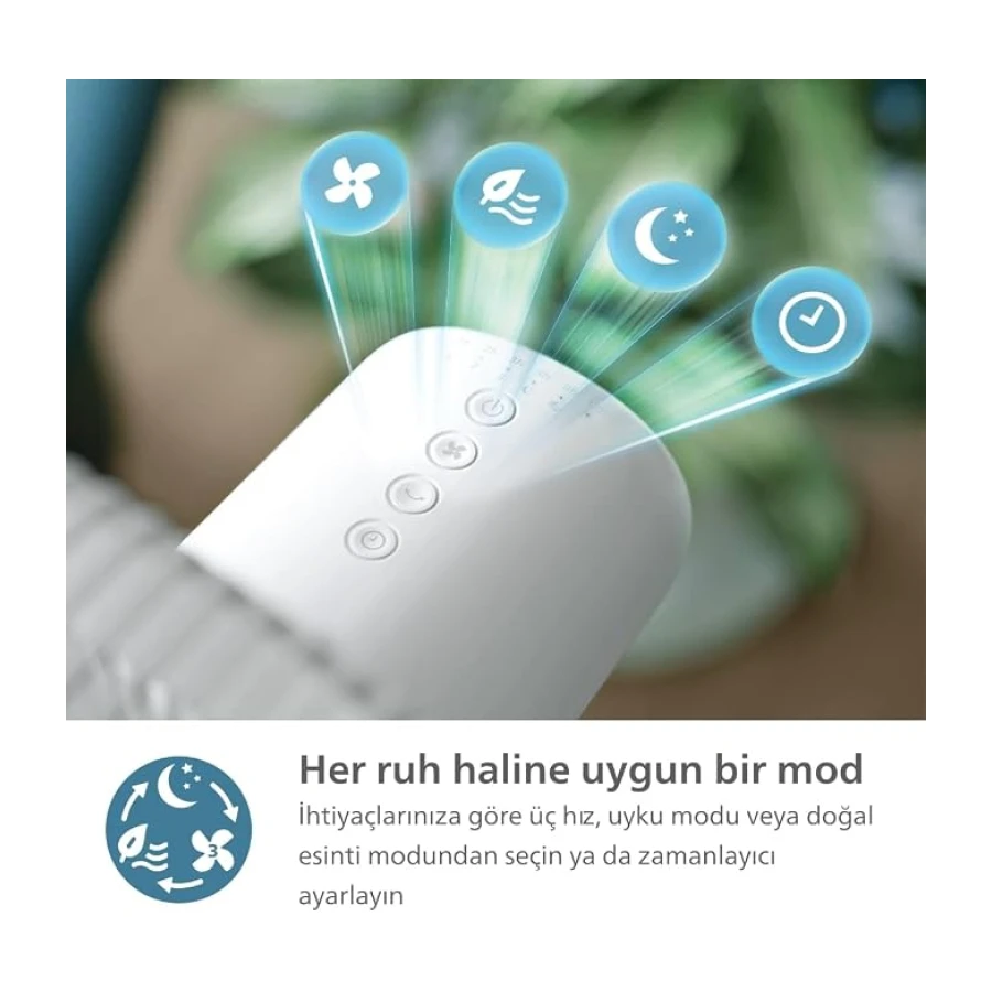 PHILIPS SilentWings teknolojisi ile güçlü ve süper sessiz ayaklı vantilatör. 19 dB. 2'si 1 arada masa ve ayaklı vantilatör. Eğim ve salınım ayarlanabilir. 12 saatlik zamanlayıcı. Beyaz.