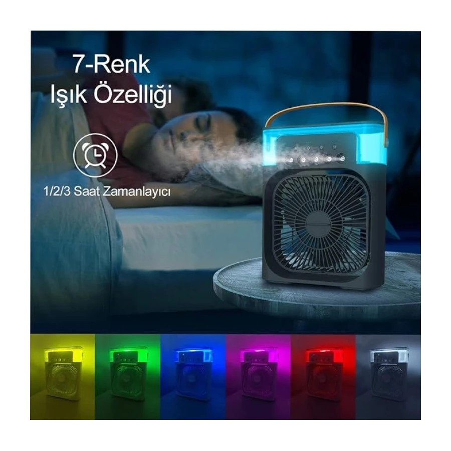 Coverzone Buharlı Hava Soğutucu, 26x19x8 Cm Taşınabilir Portatif Klima, 330 Ml, Mobil Sulu Klima, 3 Rüzgar Hızı, 3 Sis Modu, Buzlu Vantilatör 5 Sprey Delikli ile Renkli LED Işıklı- HR025