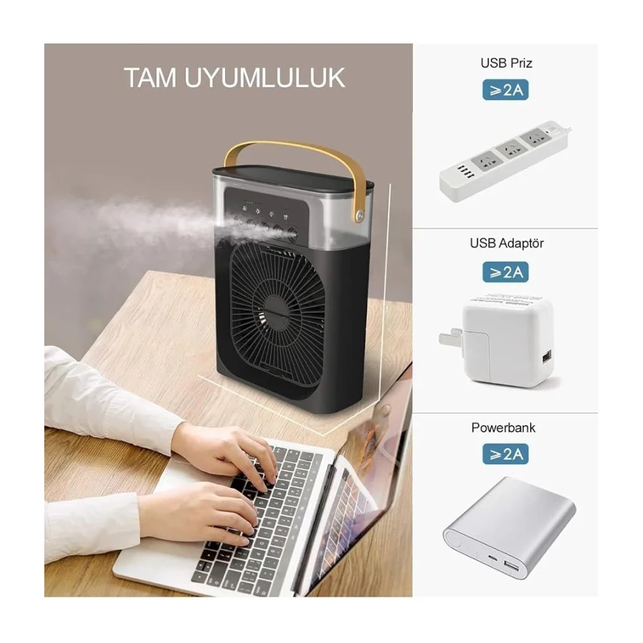 Taşınabilir Işıklı 5 Spreyli Vantilatör Buzlu Buharlı Vantilatör Mini Fan Nemlendirici siyah