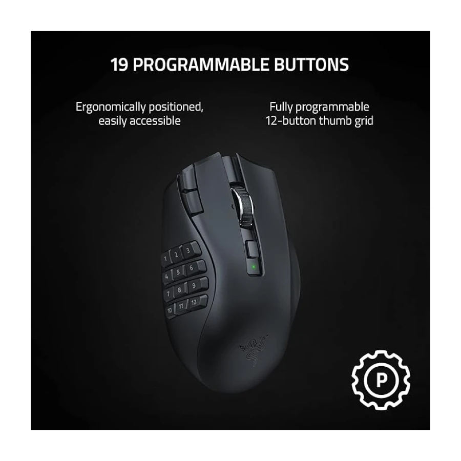 Razer Naga V2 HyperSpeed - Ergonomik Kablosuz MMO Oyun Faresi (19 Programlanabilir Düğme, HyperSpeed Kablosuz (2,4 GHz), Bluetooth, 250 Saate Kadar, Focus Pro 30K Optik Sensör) Siyah