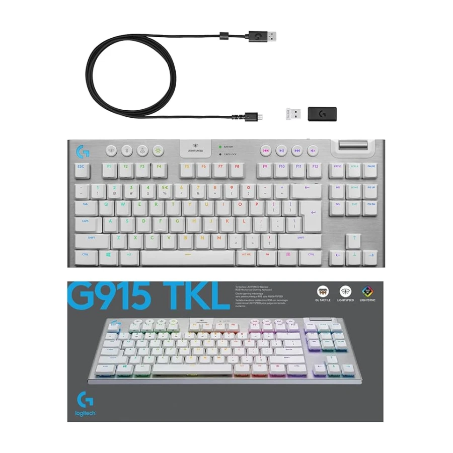 Logitech G 915 LIGHTSPEED TKL kablosuz mekanik oyun klavyesi, rakam bloğu yok, taktiler GL tuş anahtarı, düz profilli, ABD QWERTY düzeni, beyaz