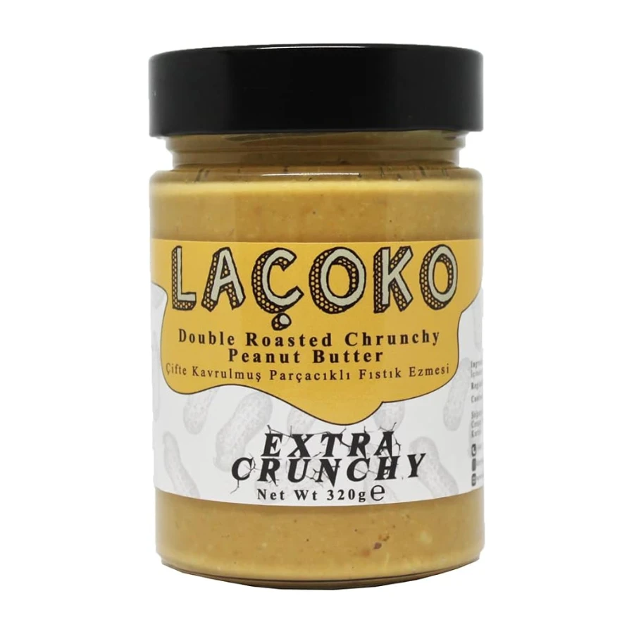 LAÇOKO 320 Gram Şekersiz, Katkısız, Glutensiz, Vegan, Doğal Çifte Kavrulmuş Parçacıklı (Extra Crunchy) Yer Fıstığı Ezmesi (320 Gram)