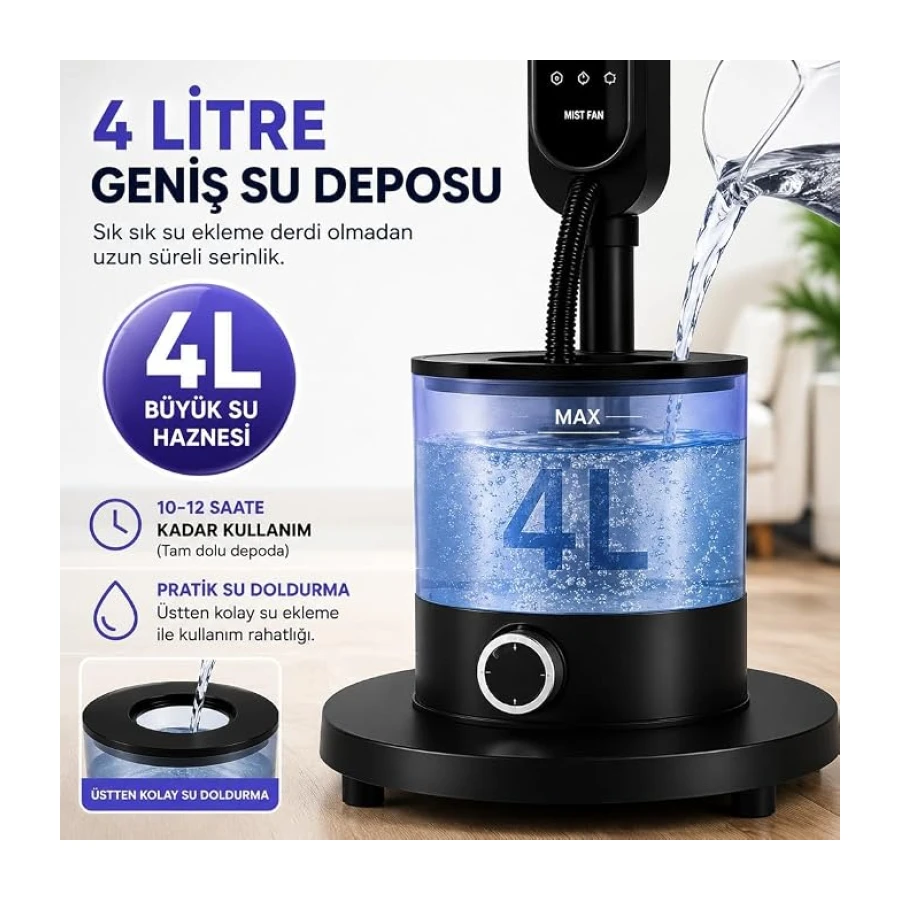 16 İnç Buharlı Vantilatör, 4L Su Hazneli Ayaklı Fan, Uzaktan Kumandalı, LED Ekranlı, 3 Hız Kademeli, 3 Modlu, Nemlendirici Özellikli, Salınımlı Sessiz Vantilatör