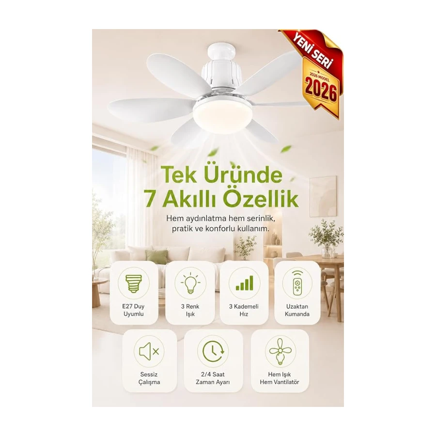 Tavan Vantilatörü Led Işık 3 Renk Işık Sıcaklığı Ayarlanabilir 3 Kademe Hız Modu Sessiz 52 Cm Çap 6 Kanat Uzaktan Kumandalı Vantilatör (Beyaz)