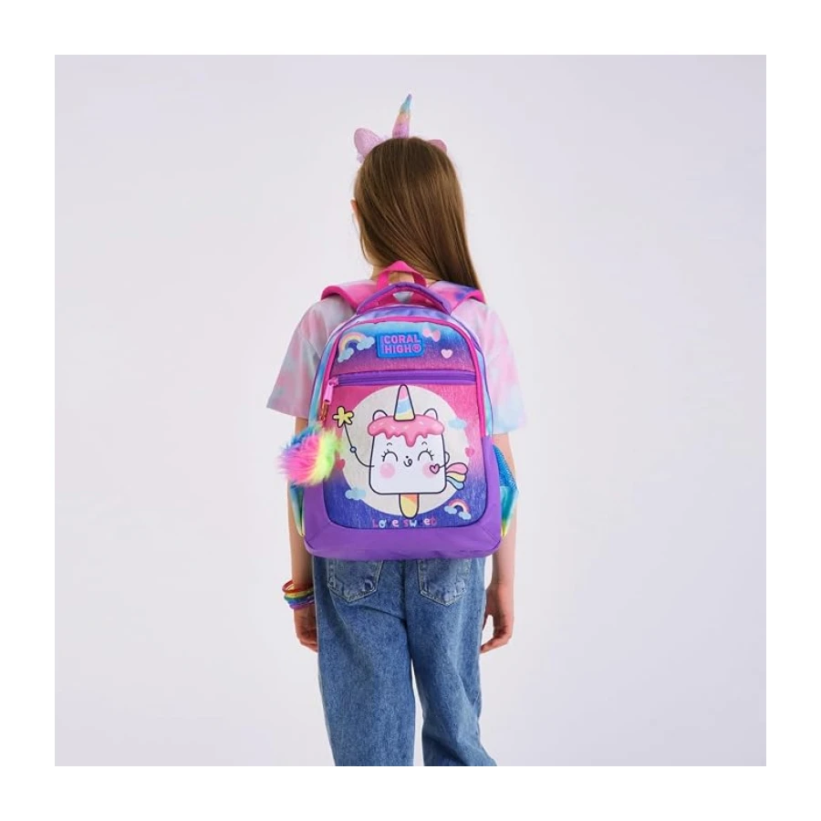 Coral High Üç Gözlü Kız Çocuk İlk ve Orta Okul Çantası - Pembe Unicorn Dondurma