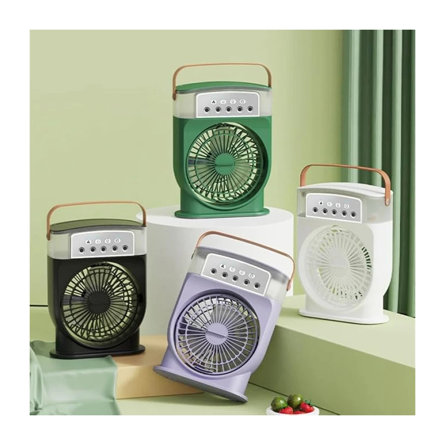 Coverzone Şarjlı Mini Buharlı Hava Soğutucu, Taşınabilir Portatif Mobil Sulu Klima, 3 Rüzgar Hızı, 3 Sis Modu, Buzlu Vantilatör 5 Sprey Delikli ile LED Işıklı 26cm x 20cm - CRV-002