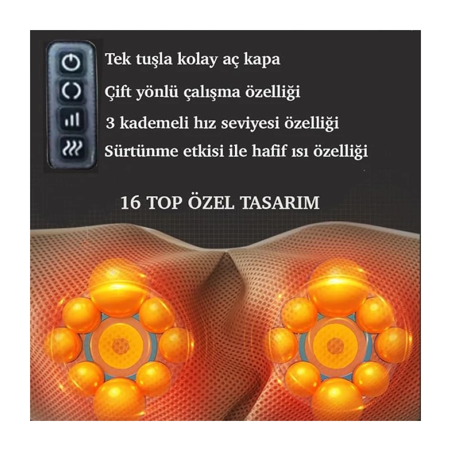 (Kutusuz) 16 Toplu - Ovmalı Yoğurmalı Boyun Masaj Yastığı - 3 Hız Kademeli Ayarlanabilir Boyun Masaj Aleti - Boyun ve Sırt Masaj Aleti - Tüm Vücut Egzersiz Aleti