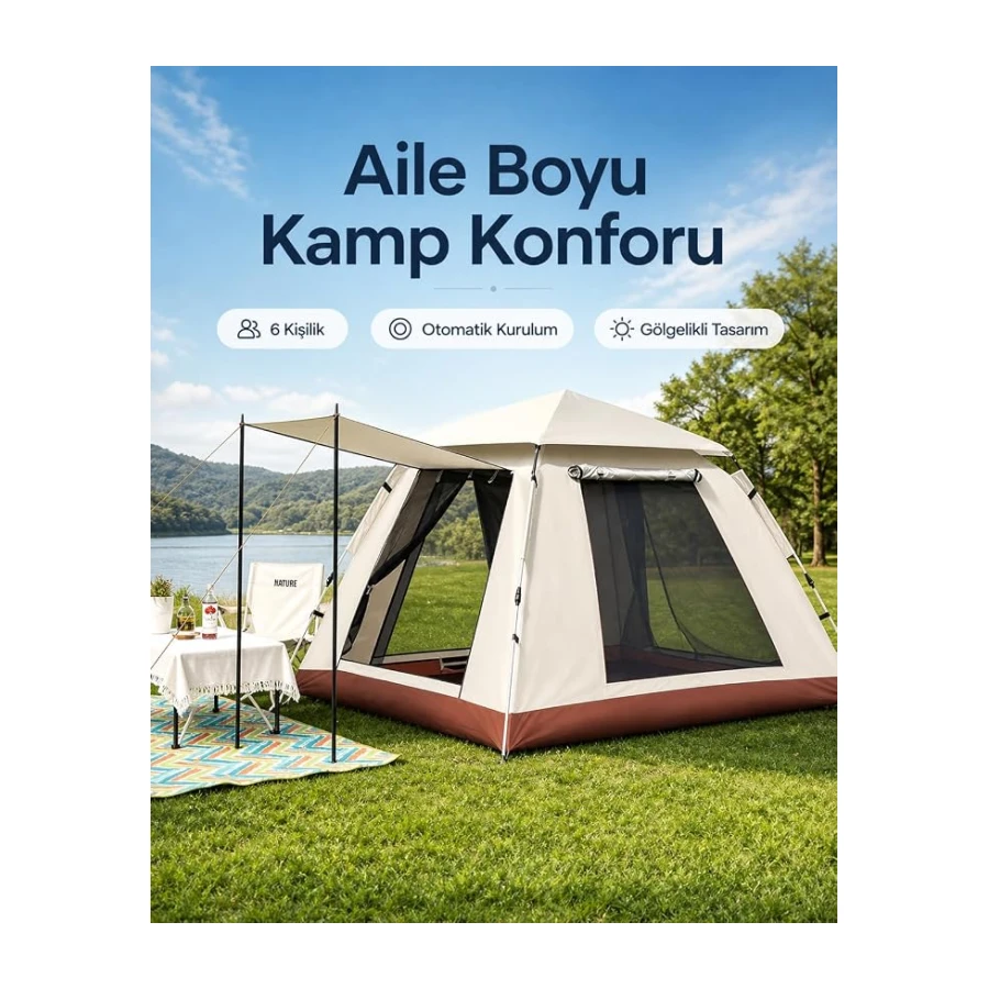 Aile Boyu 6 Kişilik Otomatik Çadır – Piknik, Tatil Ve Kamp Için Geniş Tasarım(Bej)
