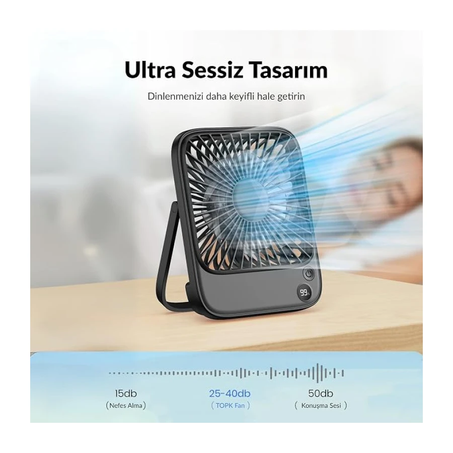 Warmco D2 5000mAh Şarjlı Masaüstü Vantilatör Dijital Göstergeli Taşınabilir Ultra İnce Soğutucu Fan Siyah