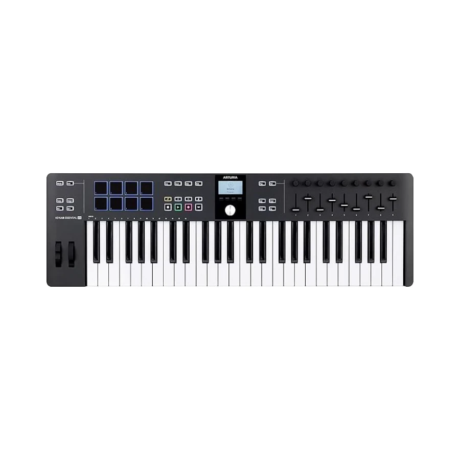 Arturia – Keylab Essential 49 mk3 | Müzik Prodüksiyonu İçin MIDI kontrolcü, Kapsamlı Yazılım Paketi, 49-Tuş, 9 Encoder, 9 Fader, 1 Modülasyon Tekerleği, 1 Pitch Bend Tekerleği, 8 pad – Siyah