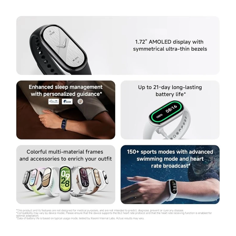 Xiaomi Smart Band 10-1.72 AMOLED Ekran, 1500 Nits, Uyku ve Nabız Monitörü, 5ATM Su Geçirmez, 21 Gün Pil Ömrü, 60 Hz Yenileme Frekansı, 150+ Mod