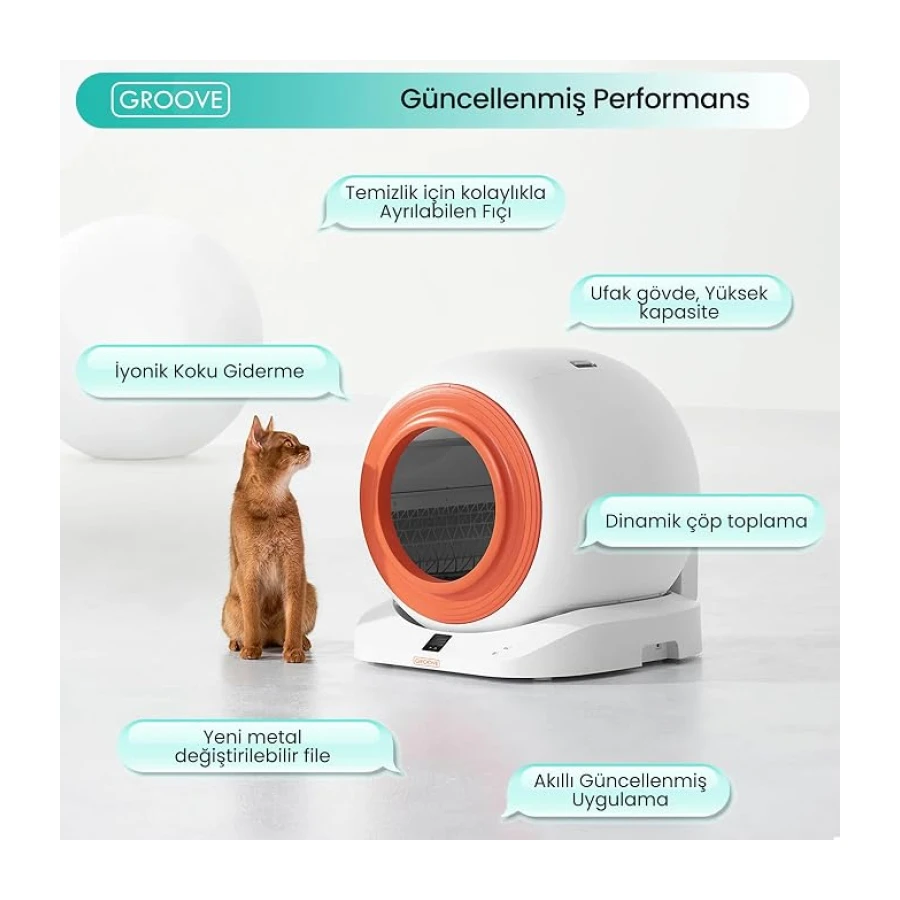 Groove Q-Clean WiFi Otomatik Akıllı Kedi Tuvaleti Turuncu Yeni Versiyon