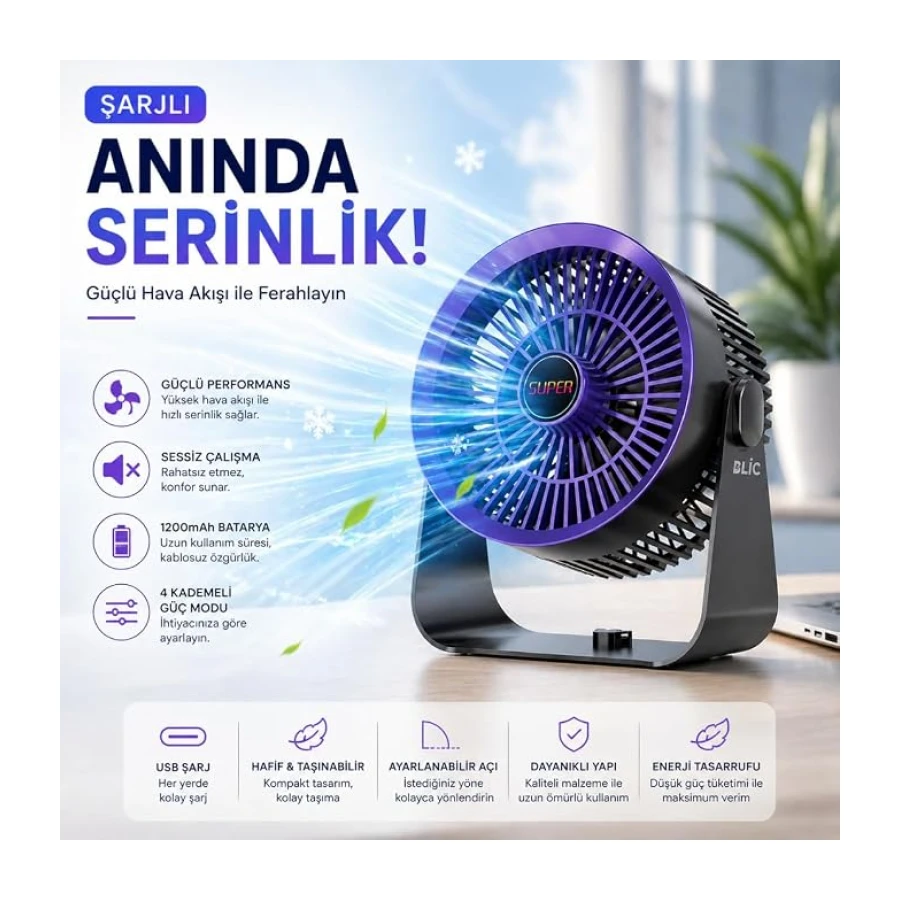 Masaüstü Vantilatör, Şarjlı Masaüstü Fan, 1200 Mah Batarya, Uzun Kullanım Süresi, 4 Kademeli Ayarlanır Güç Modu, Soğutucu Vantilatör, Sessiz Çalışma, Ergonomik Tasarım, Masaüstü Kullanım