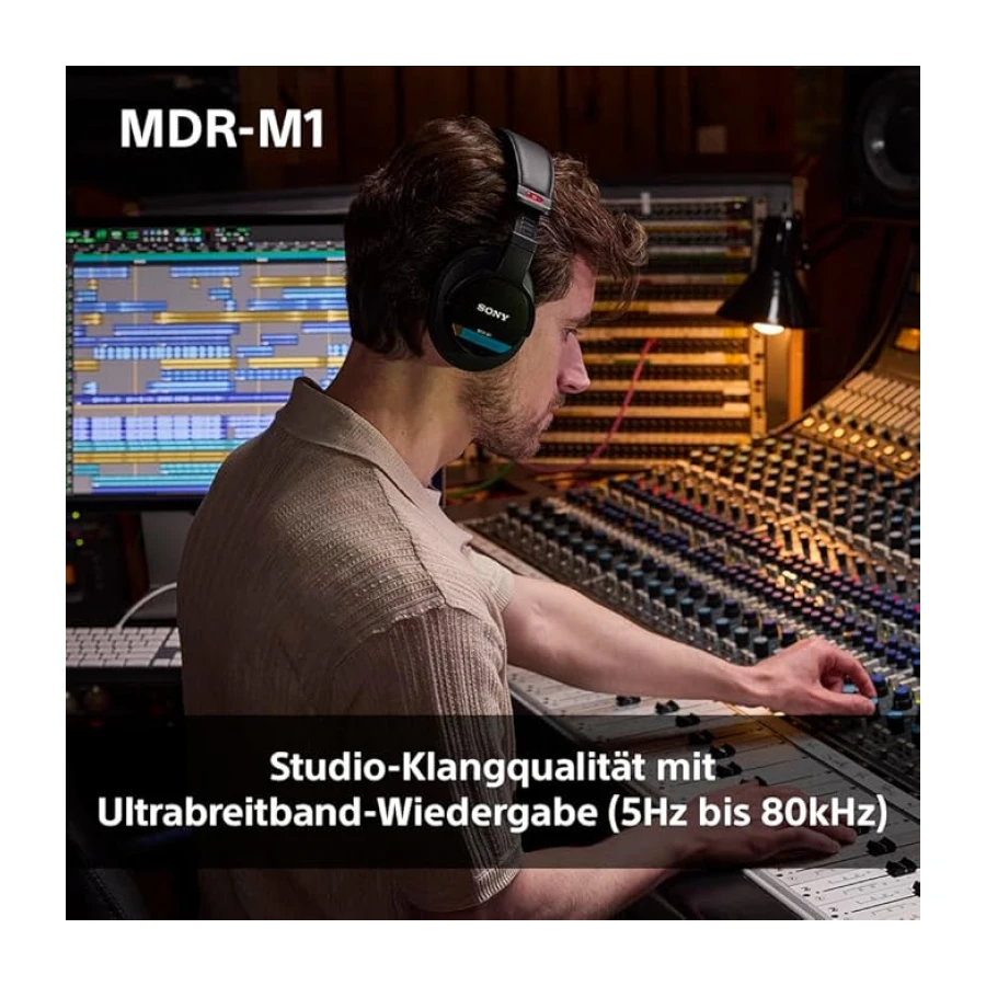 Sony MDR-M1 Studio Kapalı Arka Kulaklık - Kablolu, Ultra Geniş Bant Oynatma (5Hz-80kHz), Stüdyo Kaydı ve Karıştırma için İdeal, Hafif Tasarım (216g), 2 Çıkarılabilir Kablo içerir, Siyah