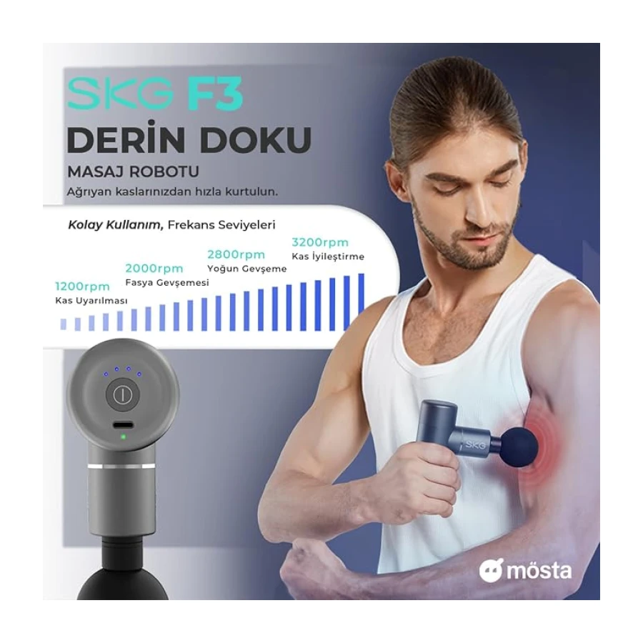 SKG F3 Masaj Tabancası Gray, 4 Darbe Seviyesi ve 4 Başlık, 12 Saat Pil Ömrü, USB-C Şarjlı, Taşınabilir Ergonomik Tasarım, Spor Sonrası Kullanıma Uygun Masaj Tabancası – Resmi Distribütör Garantili