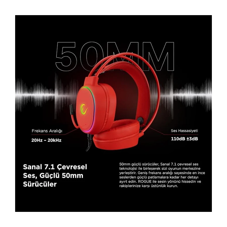 Rampage ROGUE Kırmızı 7.1 Surround Sound RGB Ledli Gaming Oyuncu Mikrofonlu Kulaklık, Büyük