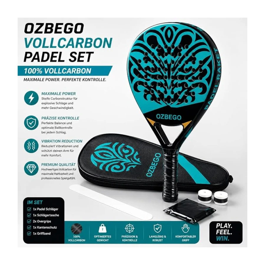 Padel Raket Seti %100 Tam Karbon - Çanta, 2 Overgrips, Bilek Desteği ve Koruyucu Film İçerir - Yeni Başlayanlar ve İleri Düzey Kullanıcılar İçin - Hafif ve Dayanıklı - Siyah ve Yeşil