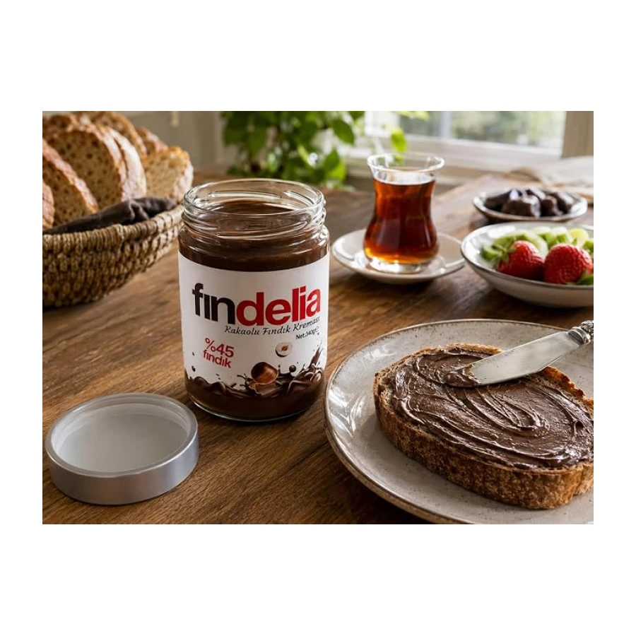 Fındelia %45 Fındıklı Kakaolu Fındık Kreması 340 g | Parçacıklı Kahvaltılık Sürülebilir Krema | Yoğun Fındık ve Kakao Lezzeti