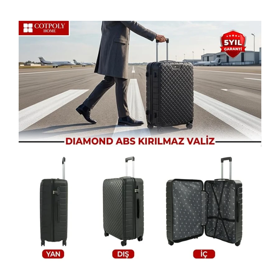 COTPOLY Diamond 3'lü Seyahat Bavul Seti, ABS Valiz Seti (Siyah-Üçlü Set)