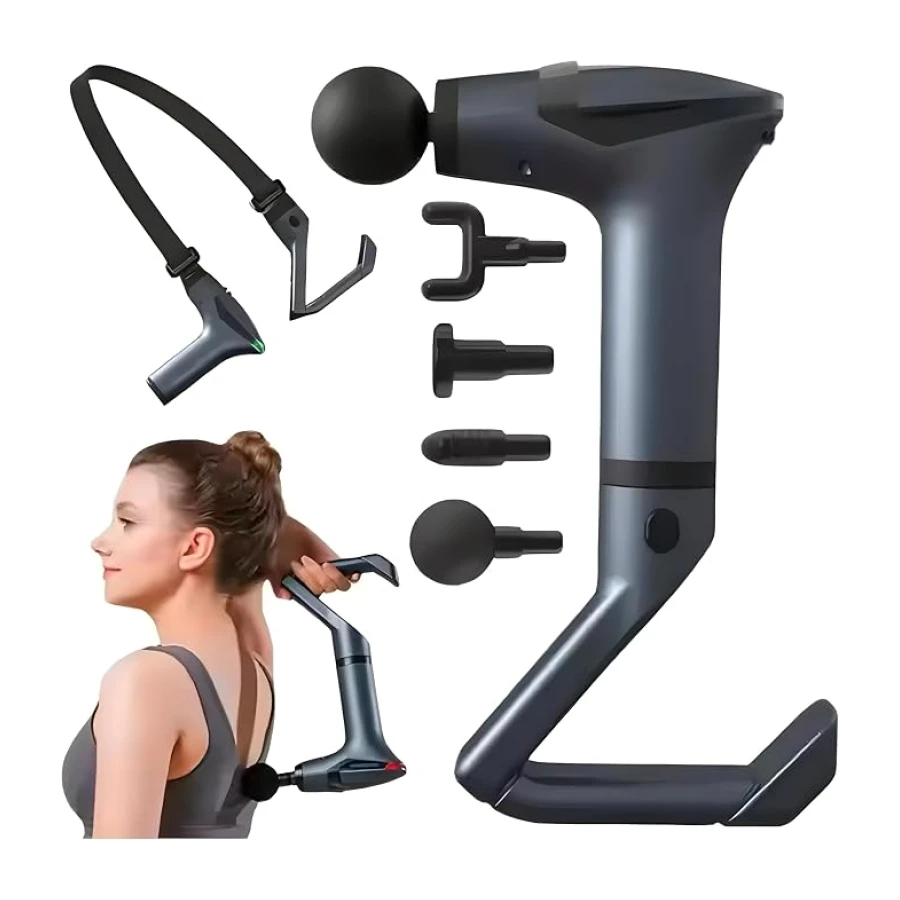 SMAYLING Ergonomik Masaj Tabancası - Uzatma Aparatı & Germe Bandı Dahil | 3200 RPM Derin Doku Masaj Cihazı | 4 Başlıklı, Dijital Göstergeli, 1800mAh Taşınabilir Kas Masaj Aleti