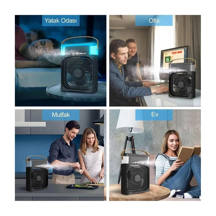 Taşınabilir Işıklı 5 Spreyli Vantilatör Buzlu Buharlı Vantilatör Mini Fan Nemlendirici siyah
