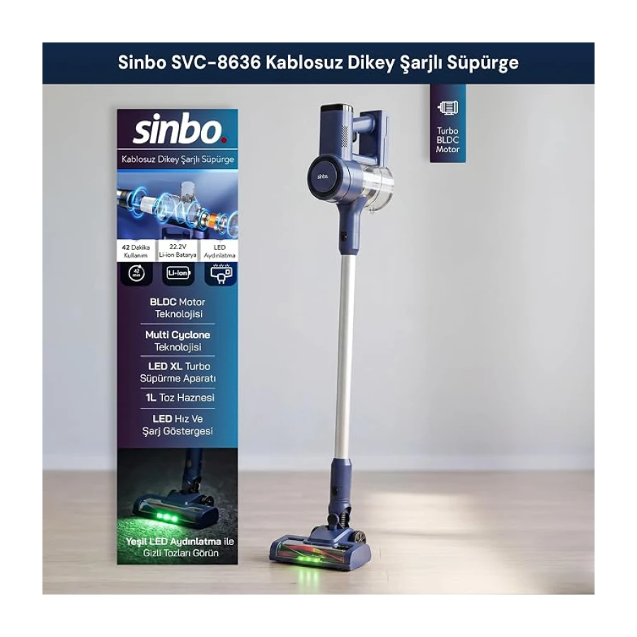 Sinbo SVC-8636 Şarjlı Dikey Süpürge, Kablosuz BLDC Motorlu, 42 Dakikaya Kadar Kullanım, 20 kPa Emiş Gücü, 1 L Toz Haznesi, HEPA Filtreli