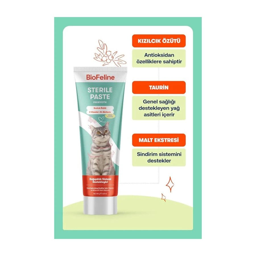 Biofeline Kısır Kediler İçin Multivitaminli Malt Macun 100g ve Sterile Paste