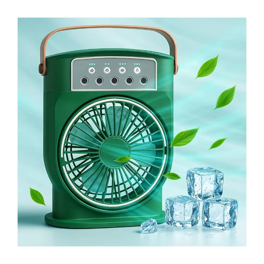 Coverzone Şarjlı Mini Buharlı Hava Soğutucu, Taşınabilir Portatif Mobil Sulu Klima, 3 Rüzgar Hızı, 3 Sis Modu, Buzlu Vantilatör 5 Sprey Delikli ile LED Işıklı 26cm x 20cm - CRV-002