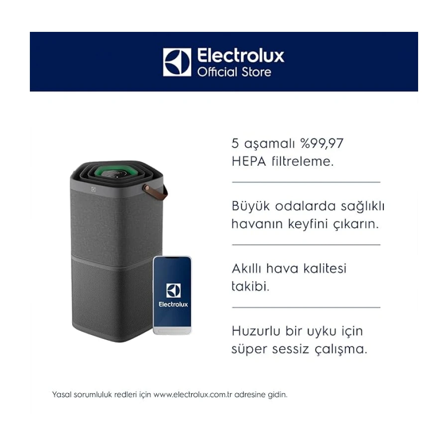 Electrolux Pure 600 EPO60571DG Hava Temizleyici | 5 Aşamalı HEPA 13 Filtreleme, 360° Hava Girişi, Lazer Sensörlü Akıllı Hava Kalitesi İzleme, Sessiz Mod | Gri