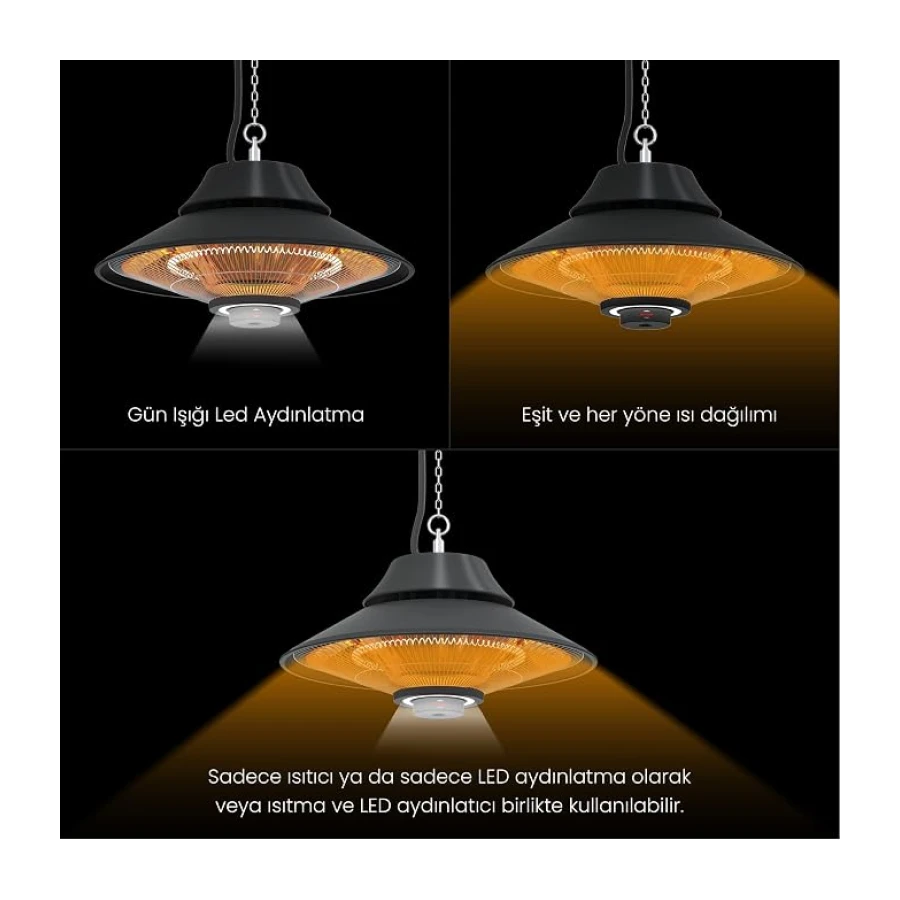MirKraft Elirg R.C LED Işıklı Elektrikli Isıtıcı, 2000 W, Uzaktan Kumandalı, İki Isıtma Kademesi, IP45, Balkon Isıtıcısı, Çadır Isıtıcısı, Kış Bahçesi Isıtıcısı, Karbon Kızılötesi Isıtıcı (Elirg R.C)