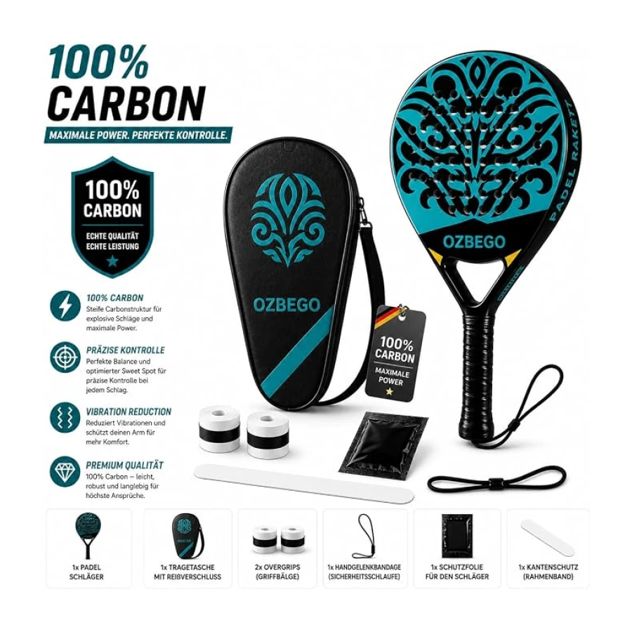 Padel Raket Seti %100 Tam Karbon - Çanta, 2 Overgrips, Bilek Desteği ve Koruyucu Film İçerir - Yeni Başlayanlar ve İleri Düzey Kullanıcılar İçin - Hafif ve Dayanıklı - Siyah ve Yeşil