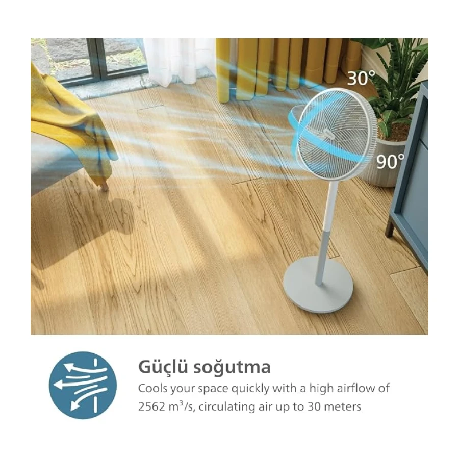PHILIPS SilentWings teknolojisi ile güçlü ve süper sessiz ayaklı vantilatör. 19 dB. 2'si 1 arada masa ve ayaklı vantilatör. Eğim ve salınım ayarlanabilir. 12 saatlik zamanlayıcı. Beyaz.