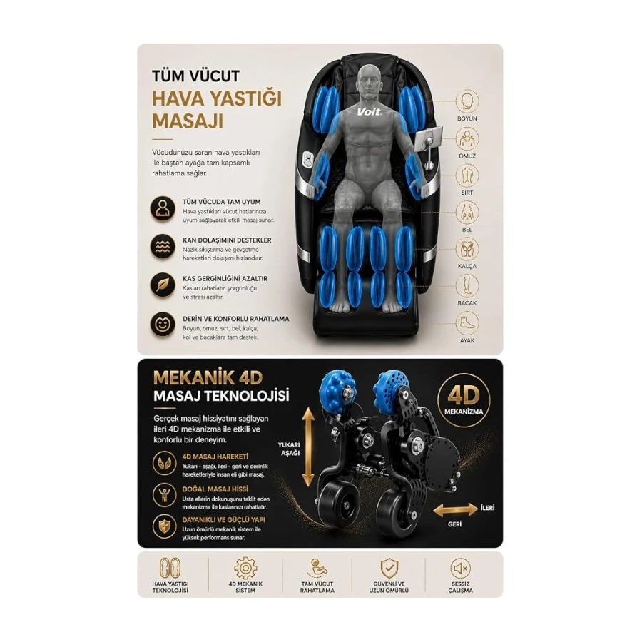 Voit Zero Gravity Masaj Koltuğu 4D Masaj, Sıfır Yerçekimi, Bel Isıtma, Bluetooth, Kumandalı