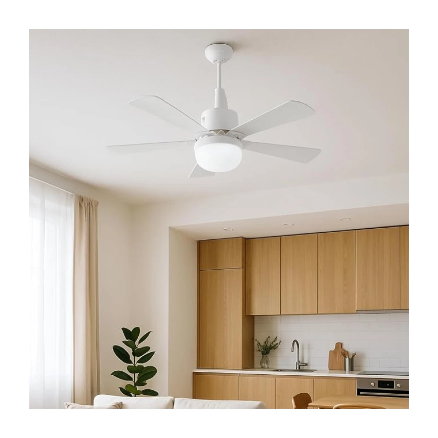 5 Kanatlı LED Işıklı Tavan Vantilatörü – Sessiz Çalışan, Uzaktan Kumandalı, Modern Beyaz Tasarım
