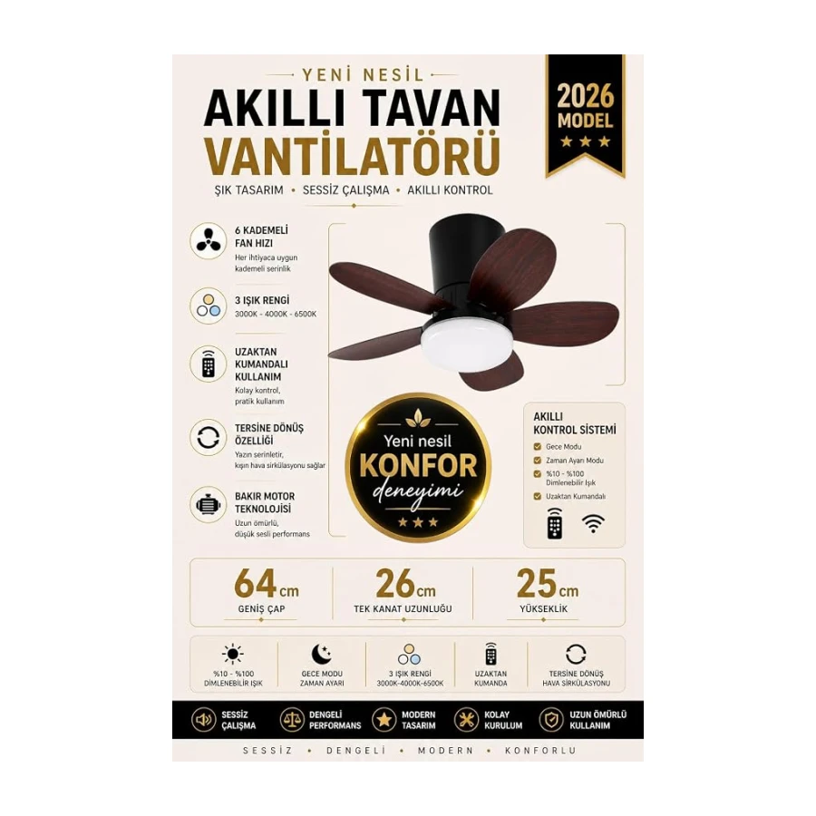 Yeni Nesil Tavan Vantilatörü 64 cm Toplam Çap – 6 Kademeli, 3 Işık Renkli, Kumandalı, Sessiz Fan (Tavana Vidalı Montaj) Avize (Siyah-Kiraz)