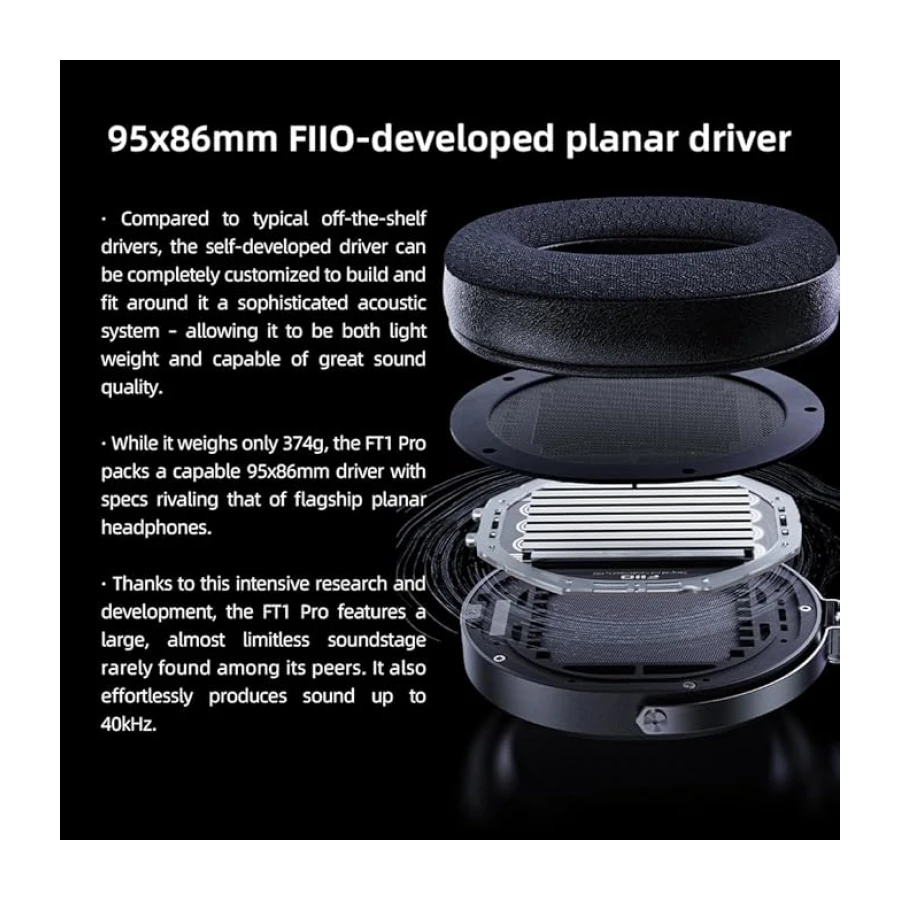 FiiO FT1 Pro Açık Arka Düzlemsel Manyetik Kablolu Hi-Fi Kulaklık, Ev, Stüdyo, Kayıt, Yüksek Hassasiyet (Siyah)