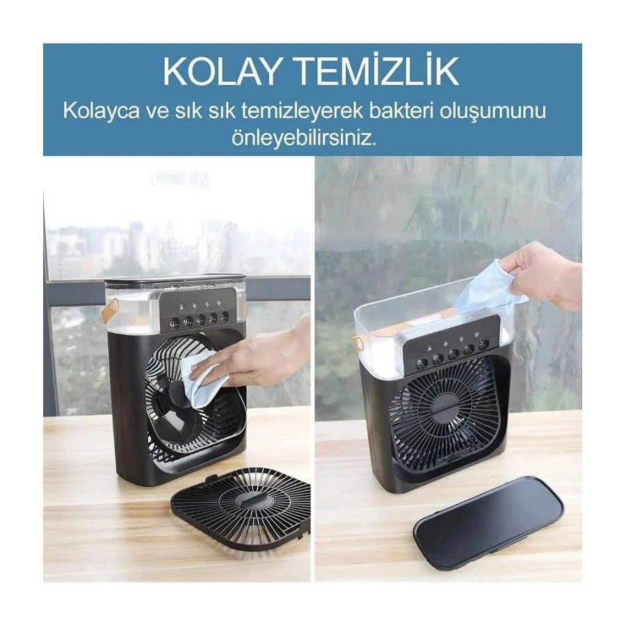 Taşınabilir Işıklı 5 Spreyli Vantilatör Buzlu Buharlı Vantilatör Mini Fan Nemlendirici siyah