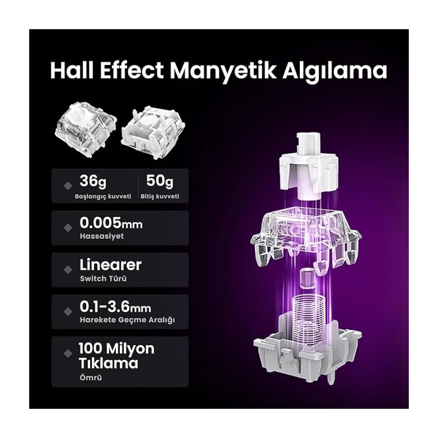 GravaStar Mercury V75 HE Hall Effect Manyetik Switch Gaming Klavye, Hot-Swappable, Rapid Trigger, 8000Hz, 0.125ms Ultra Düşük Gecikme, Kablolu, RGB Işıklı, İngilizce Q, Mecha Gray