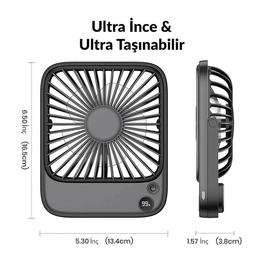 Warmco D2 5000mAh Şarjlı Masaüstü Vantilatör Dijital Göstergeli Taşınabilir Ultra İnce Soğutucu Fan Siyah