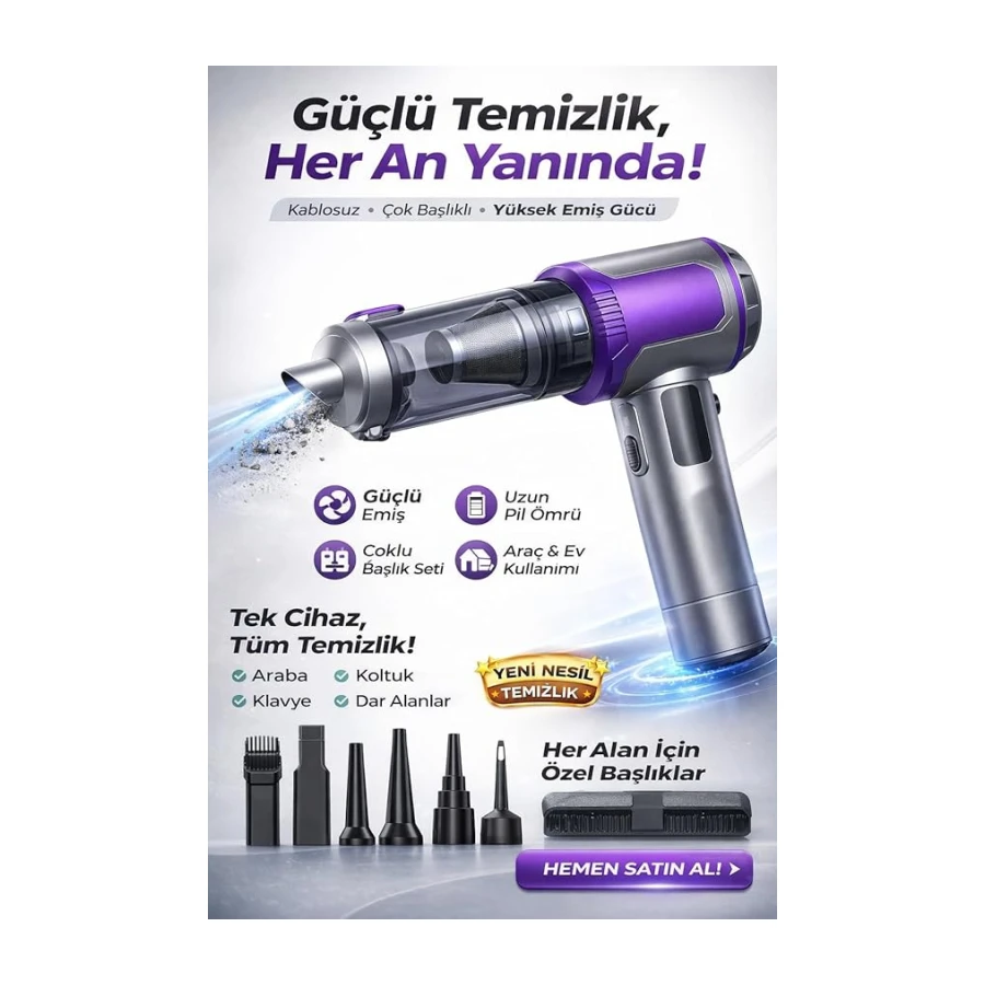 22000Pa Kablosuz Araç İçi Süpürge & Üfleme Cihazı – 2’si 1 Arada Mini El Süpürgesi, Şarjlı, Çok Başlıklı, Güçlü Vakum, Araba & Ev Temizlik HL-161