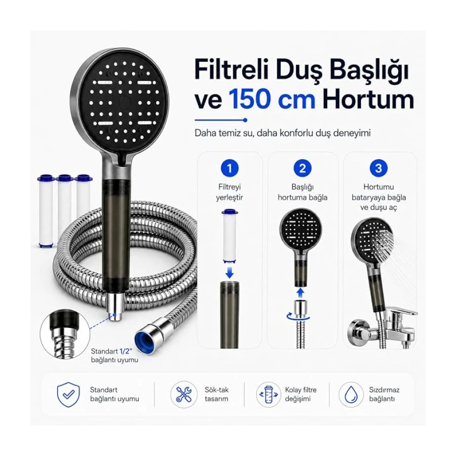 SOGUD Duş Başlığı Seti Siyah - 150 Cm Hortumlu Filtreli Arıtmalı El Duşu - 6 Fonksiyonlu Yüksek Basınçlı Model - 3 Yedek Filtre Kartuşlu Kireç Önleyici Su Tasarruflu