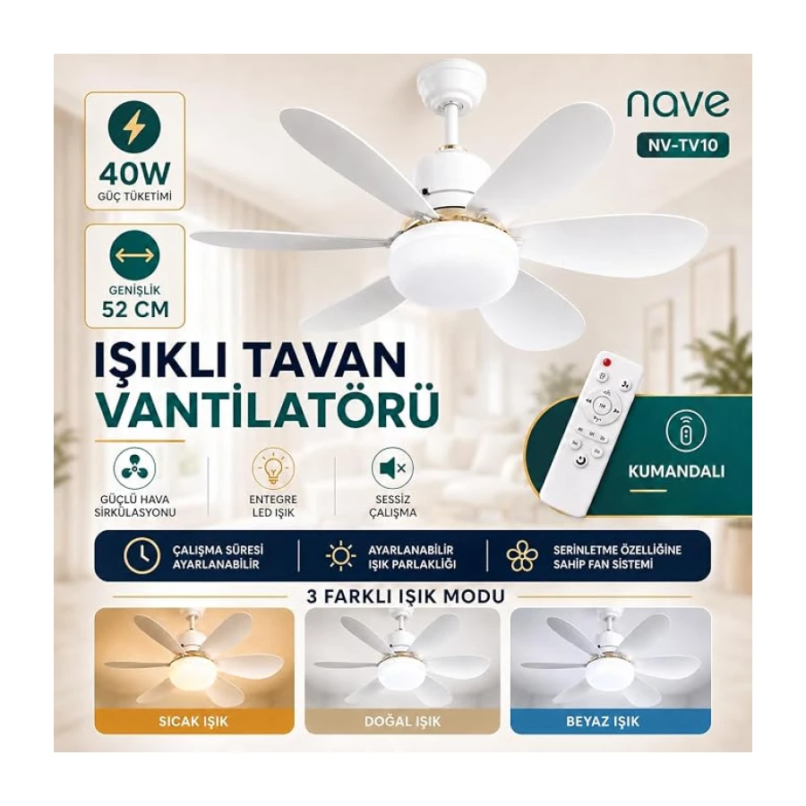 NAVE NV-TV10 IŞIKLI TAVAN VANTILATORU 6 KANAT