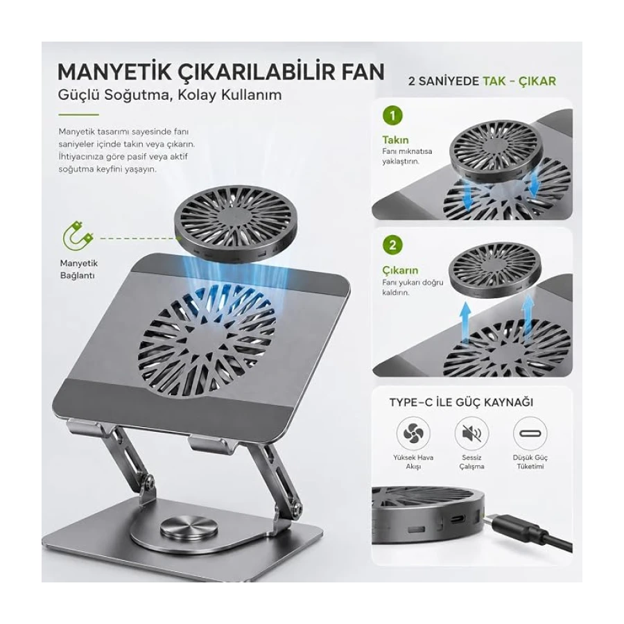 McStorey Premium Alüminyum Laptop Standı, Çıkarılabilir Manyetik Harici Fanlı, 360° Döner Ayarlanabilir Ergonomik Notebook ve MacBook Standı, Aktif Soğutmalı Laptop Yükseltici, 10-17 İnç Gri