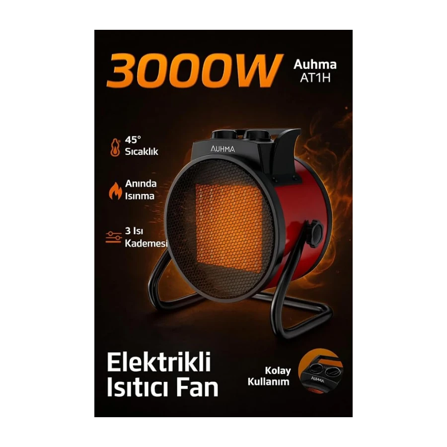 3000W Elektrikli Isıtıcı Fan - 3 Kademeli - 3 Saniyede Hızlı Isınmalı Üflemeli Fan - 45°C Isıtma (Siyah)